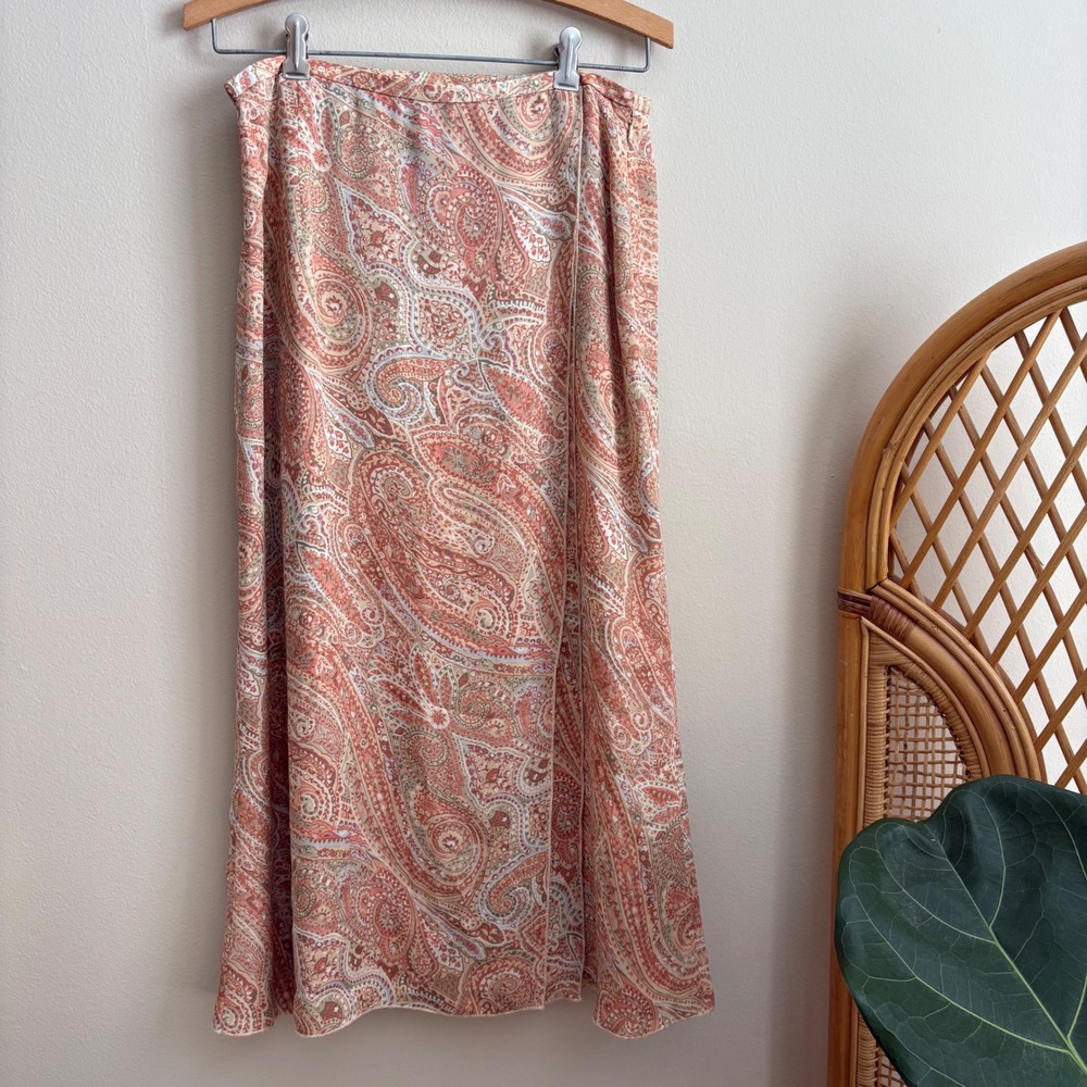 Vintage 90's Talbots Womens Boho Cottage Style 100% Silk Paisley Patterned Skirt